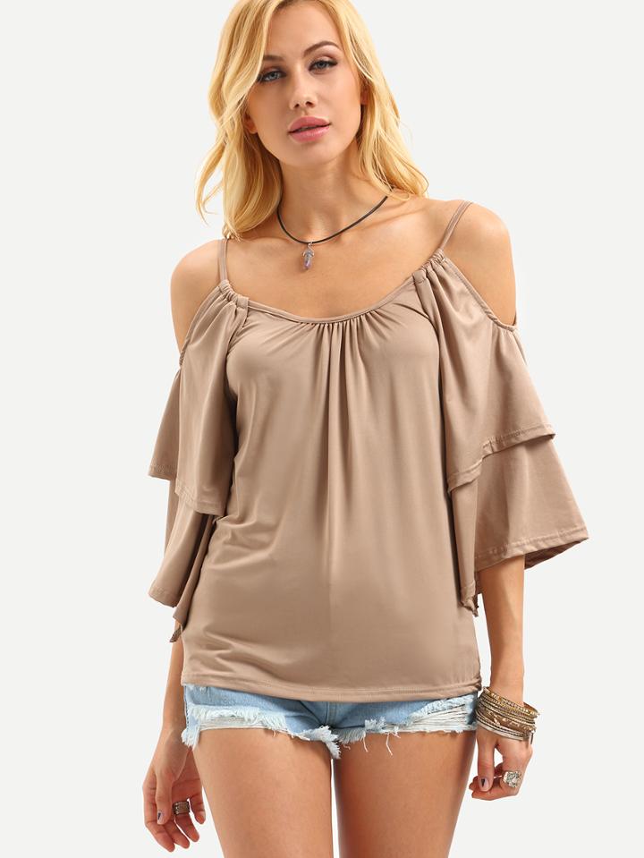 Shein Cold Shoulder Layered Bell Sleeve Top - Apricot