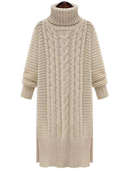 Shein White High Neck Cable Knit Split Sweater Dress