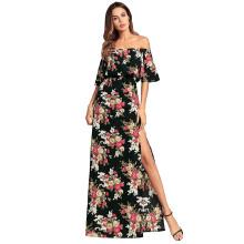 Shein Floral Print Off Shoulder Split Side Dress