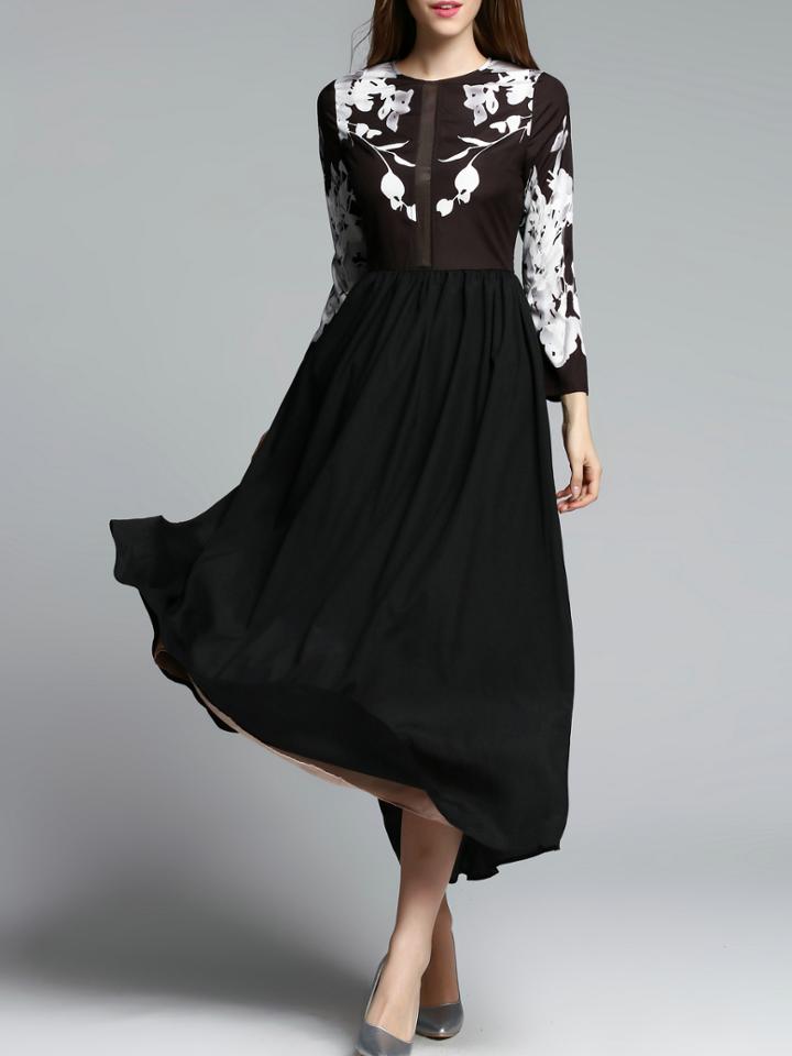 Shein Black Crew Neck Print Maxi Dress
