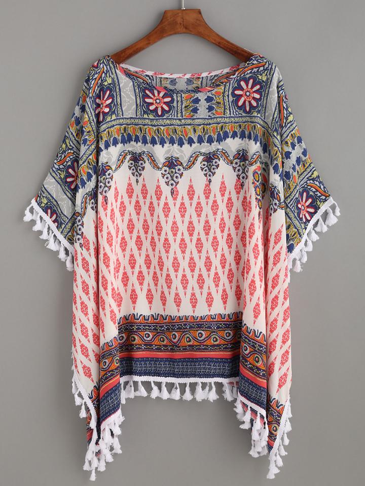 Shein Multicolor Tribal Print Tassel Trim Batwing Blouse