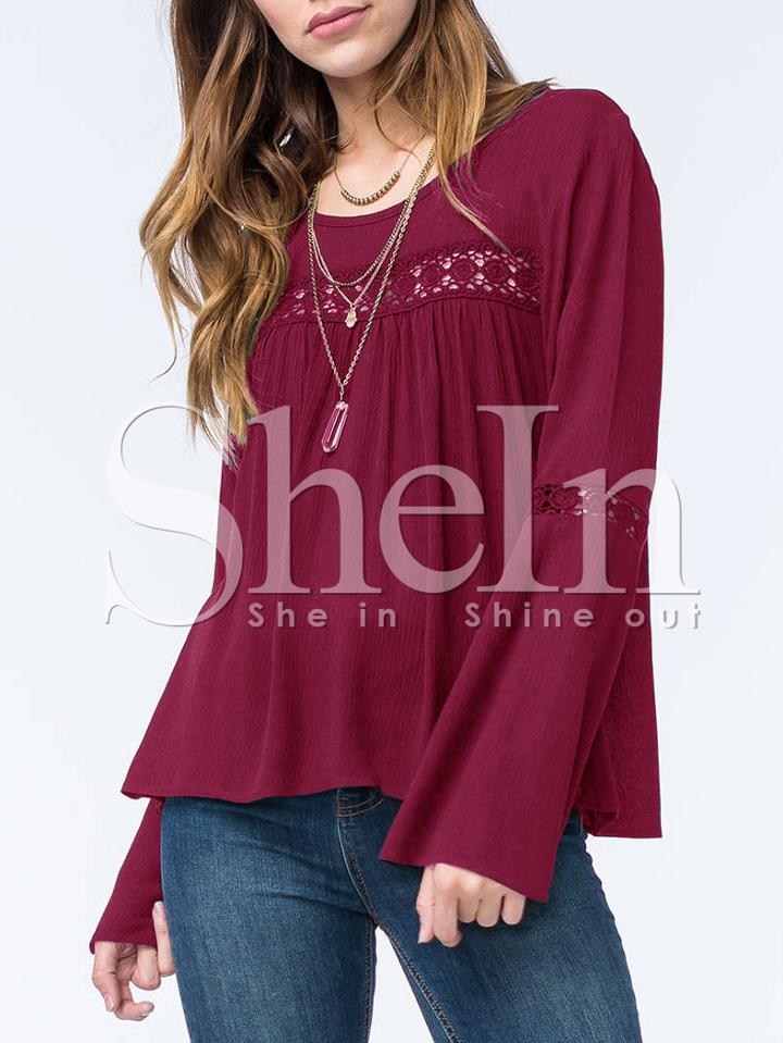 Shein Burgundy Bell Sleeve Crochet Blouse