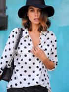 Shein White Lapel Polka Dot Blouse