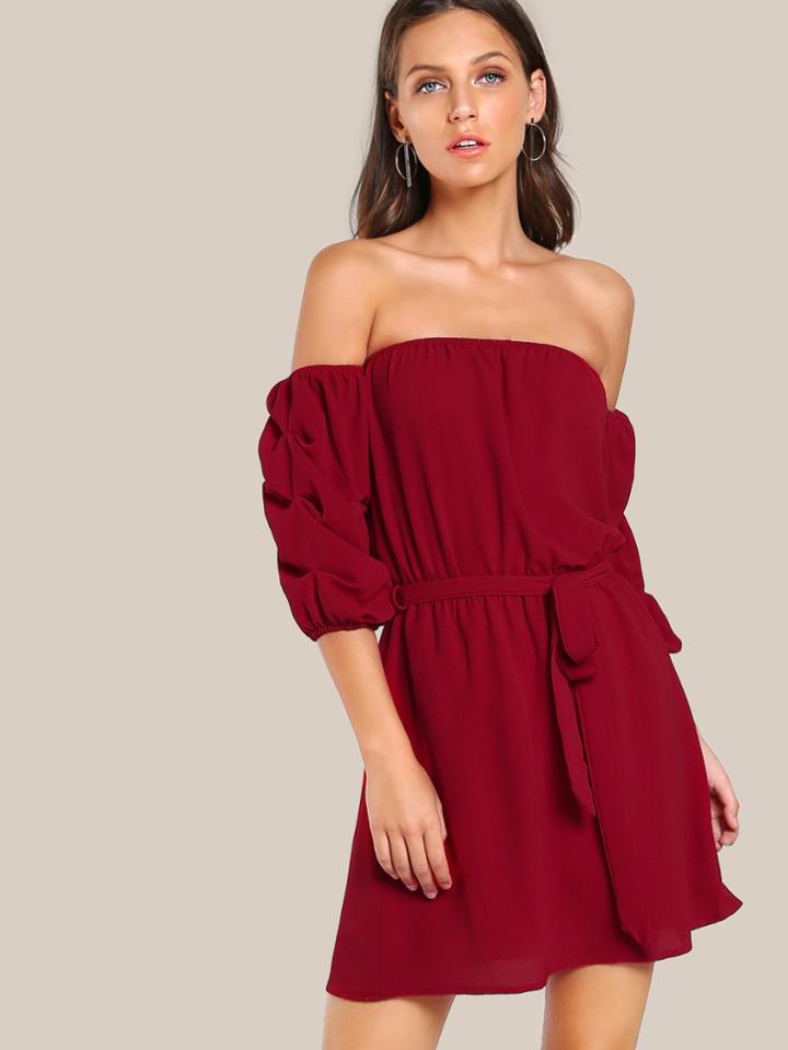 Shein Self Tie Gathered Sleeve Bardot Dress