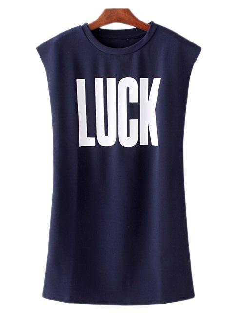 Shein Navy Round Neck Luck Printed Casual Dress