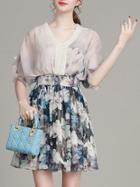 Shein Multicolor V Neck Elastic-waist Flowers Print Dress