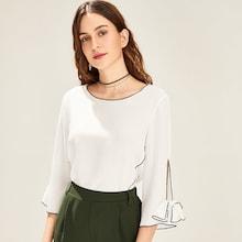 Shein Contrast Tipping Bow Embellished Cuff Blouse