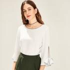 Shein Contrast Tipping Bow Embellished Cuff Blouse