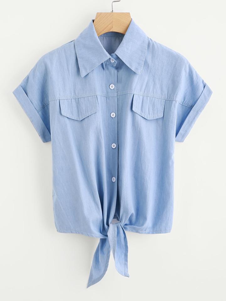 Shein Knot Front Fake Pocket Cuffed Shirt