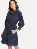 Shein Tie Waist Pinstripe Denim Shirt Dress