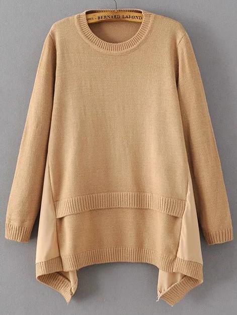 Shein Khaki Ribbed Trim Asymmetrical Hem Sweater