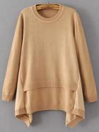 Shein Khaki Ribbed Trim Asymmetrical Hem Sweater