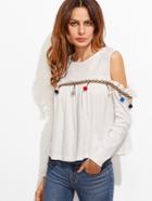 Shein Woven Tape And Pom Pom Embellished Cold Shoulder T-shirt