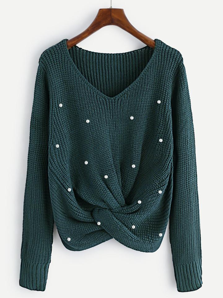 Shein Pearl Beaded Twist Sweater