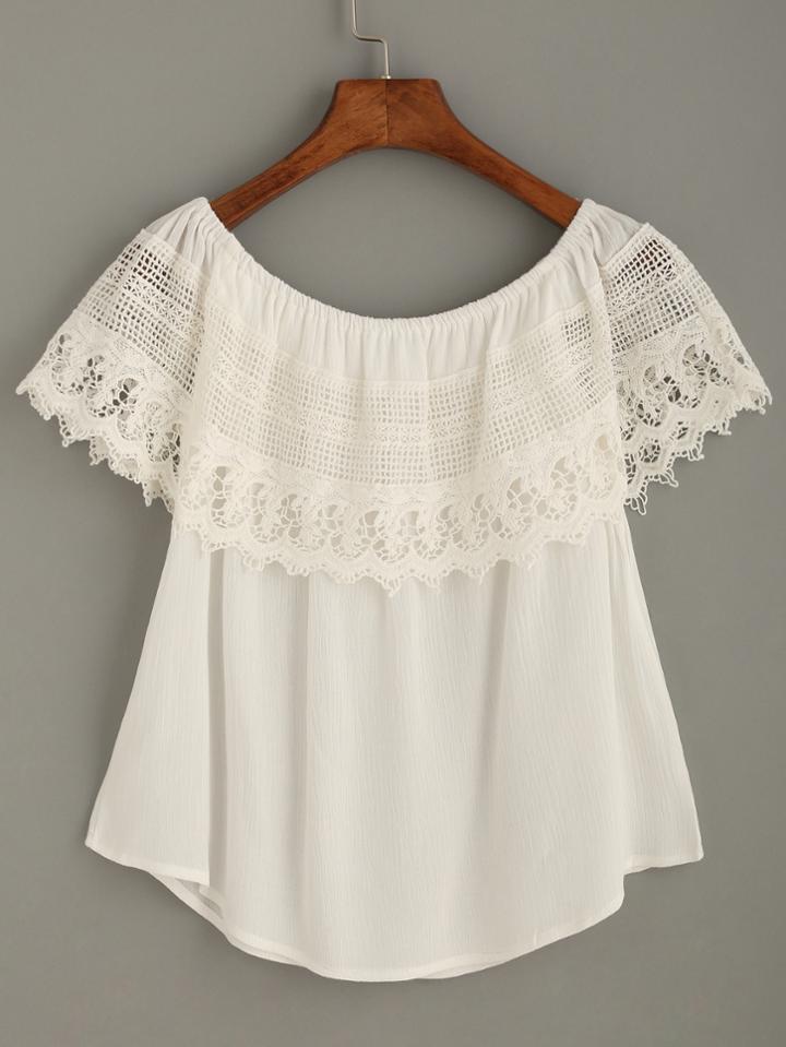 Shein White Boat Neck Crochet Top