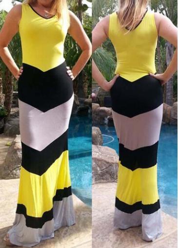Rosewe Color Block V Neck Sleeveless Maxi Dress