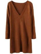 Shein Khaki V Neck Long Sleeve Knit Sweater Dress