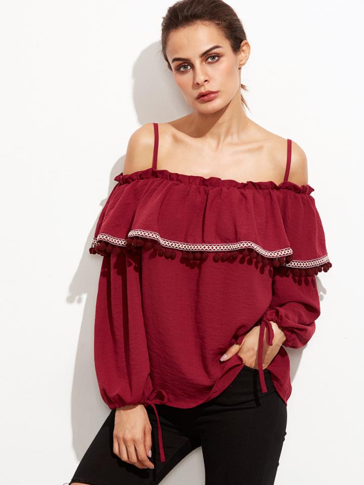 Shein Burgundy Pom Pom Trim Cold Shoulder Ruffle Blouse
