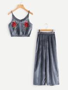 Shein Embroidered Appliques Velvet Cami Top With Pants Set