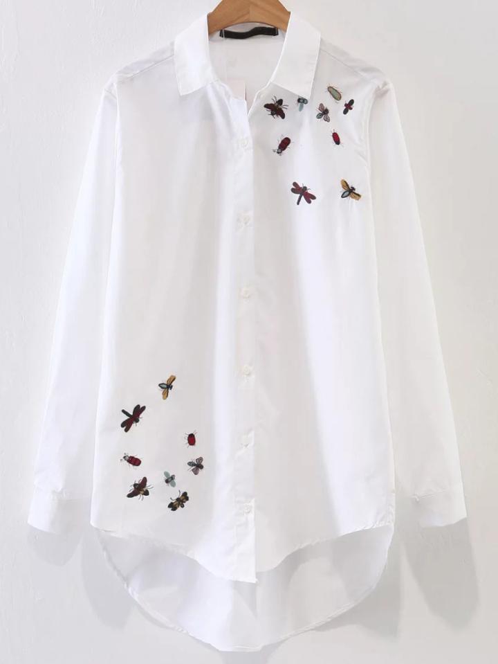 Shein White Bee Embroidery High Low Blouse