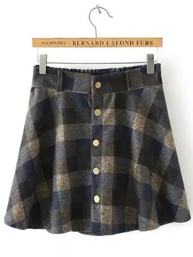 Shein Blue Yellow Elastic Waist Plaid Buttons Skirt
