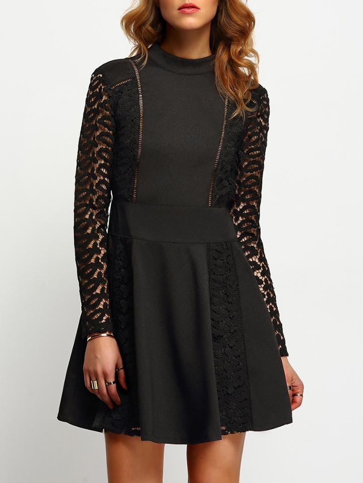 Shein Black Lace Sleeve Backless Skater Dress