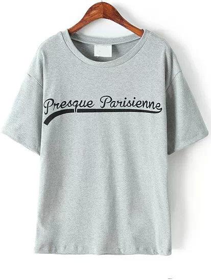 Shein Grey Short Sleeve Letters Print T-shirt