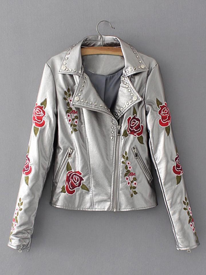 Shein Rose Embroidery Studded Detail Metallic Jacket