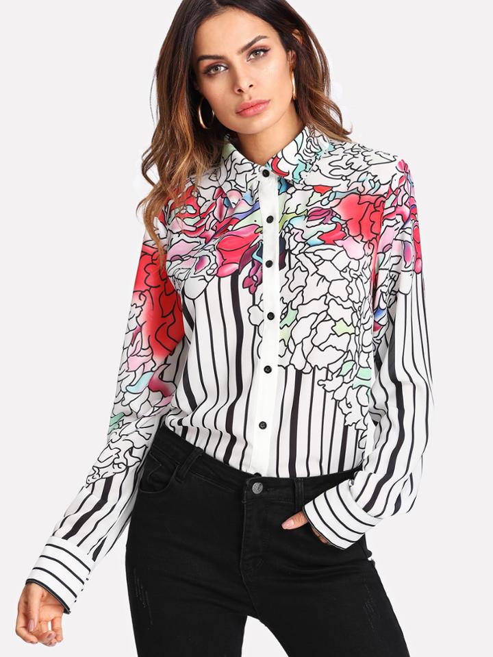 Shein Hidden Placket Mixed Print Blouse