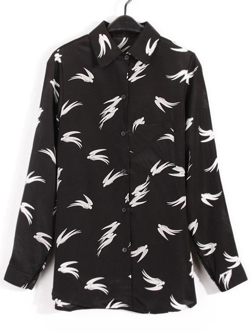 Shein Black Lapel Long Sleeve Swallows Print Blouse