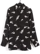 Shein Black Lapel Long Sleeve Swallows Print Blouse