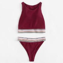 Shein Striped Trim High Neck Bikini Set