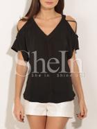 Shein Black Crisscross Shoulder V Neck Blouse