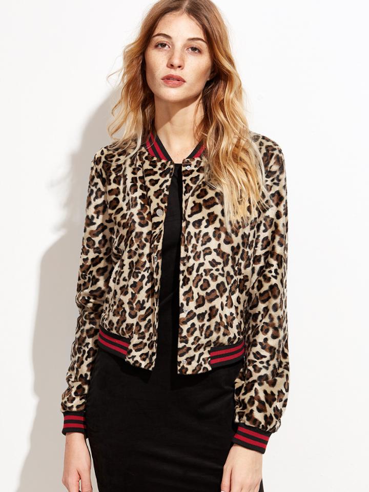Shein Leopard Striped Trim Hidden Buttons Jacket