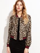 Shein Leopard Striped Trim Hidden Buttons Jacket