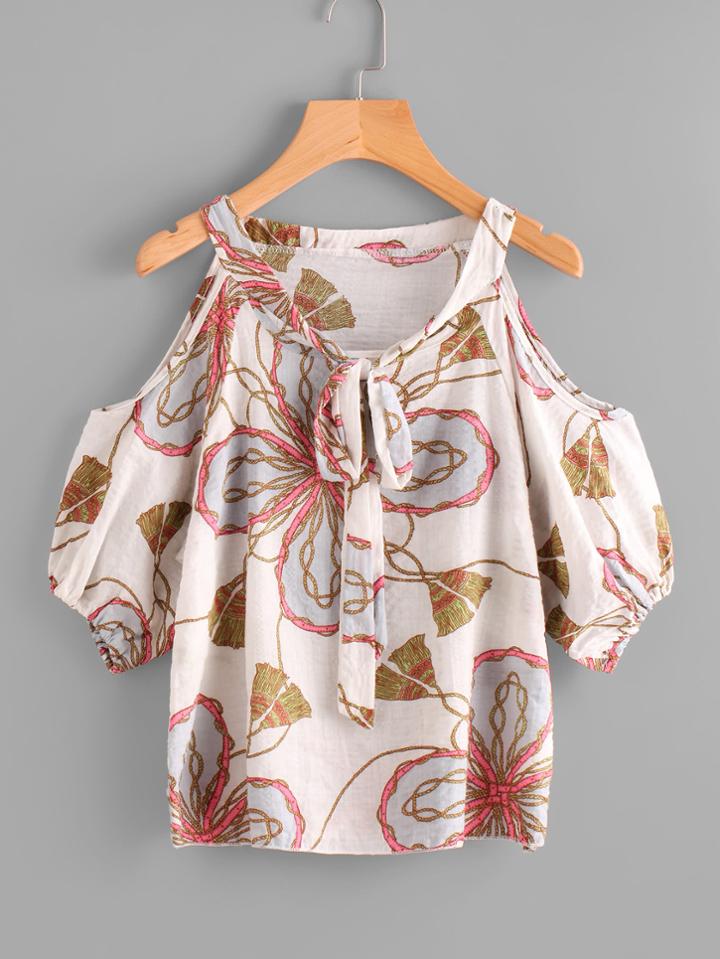 Shein Random Printed Open Shoulder Tie Front Blouse
