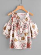 Shein Random Printed Open Shoulder Tie Front Blouse