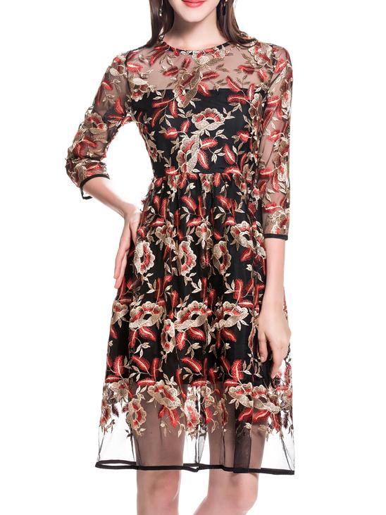 Shein Black Sheer Gauze Embroidered Dress