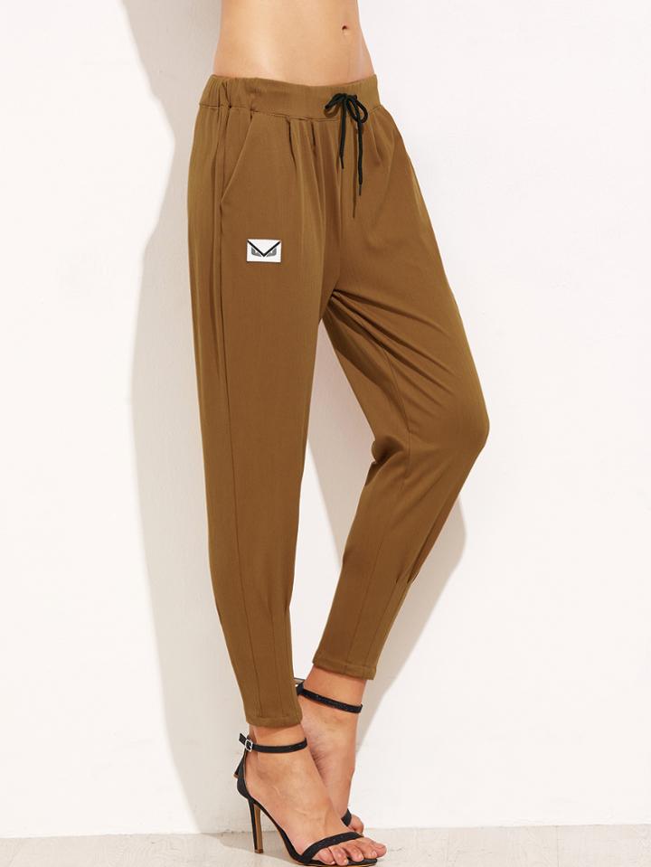 Shein Khaki Envelope Print Drawstring Peg Pants