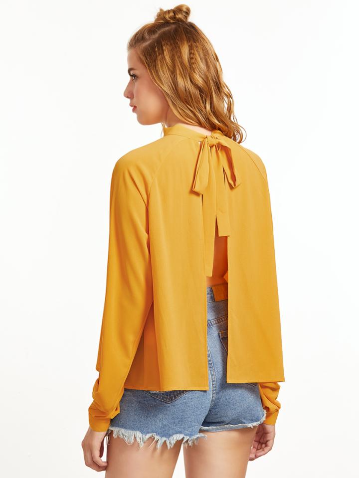Shein Bow Tie Split Back Blouse