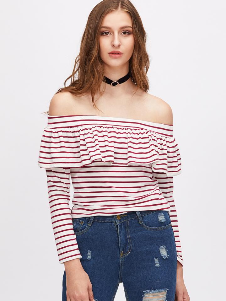 Shein Off The Shoulder Ruffle Trim Striped T-shirt