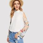 Shein Embroidered Mesh Sleeve Open Shoulder Blouse