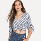 Shein V Neckline Knot Front Striped Crop Top