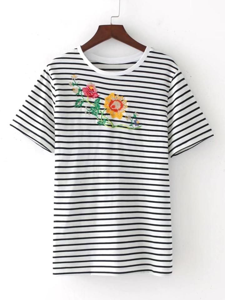 Shein Contrast Striped Embroidery Tee