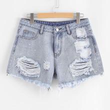 Shein Light Wash Studded Destroyed Denim Shorts