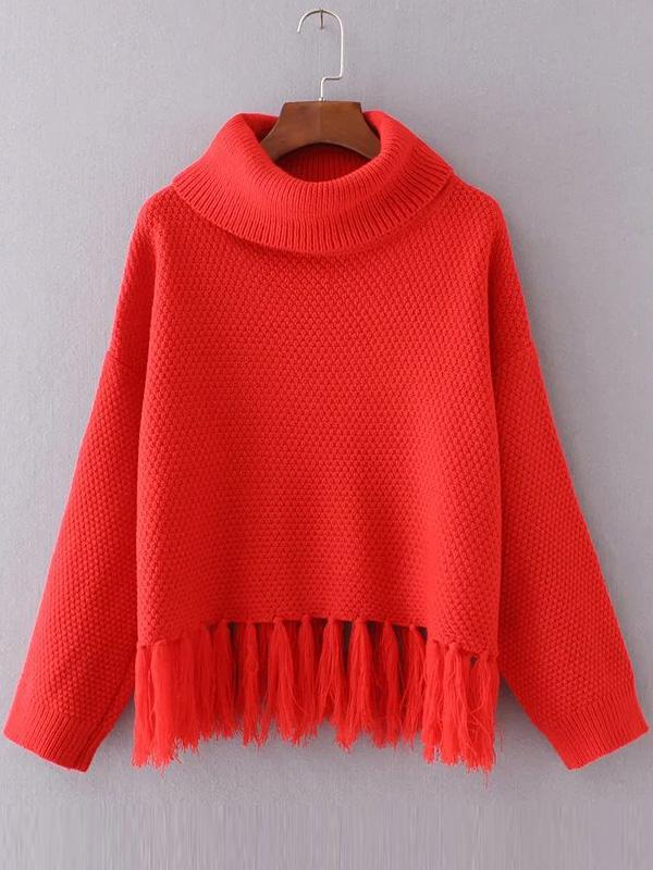 Shein Red Turtleneck Drop Shoulder Fringe Hem Sweater