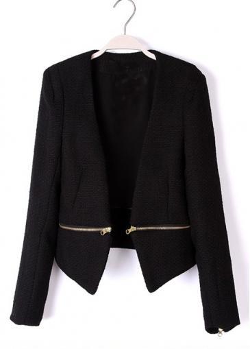 Rosewe Solid Black Zipper Decoration Long Sleeve Women Blazer