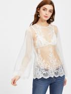 Shein Floral Lace Applique Lantern Sleeve Sheer Mesh Top