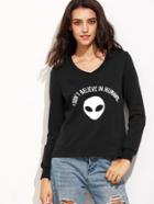 Shein Black Alien Print V Neck Sweatshirt