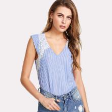 Shein Lace Applique Ruffle Armhole Pinstripe Top